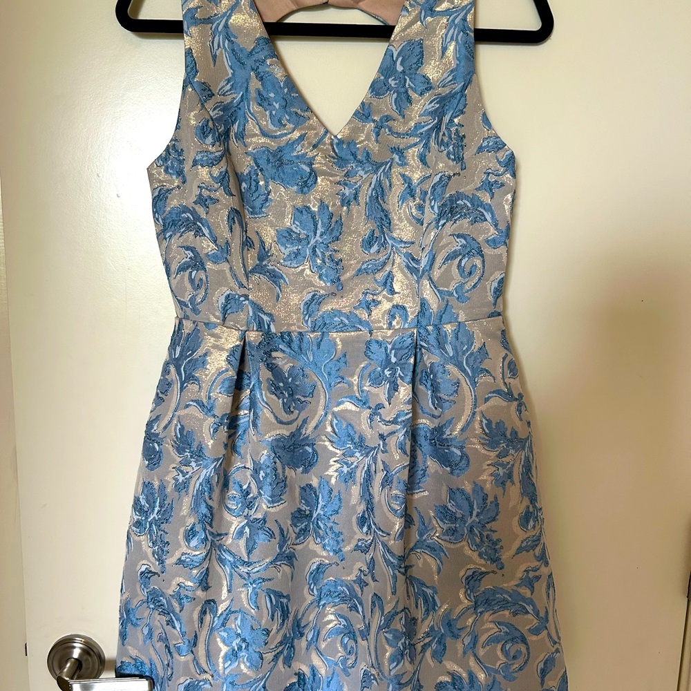 Avara blue and taupe jacquard/metallic Nicole mini dress in size Medium
